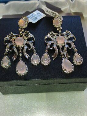 Pink chalcedony and diamond chandelier earrings in sterling silver
